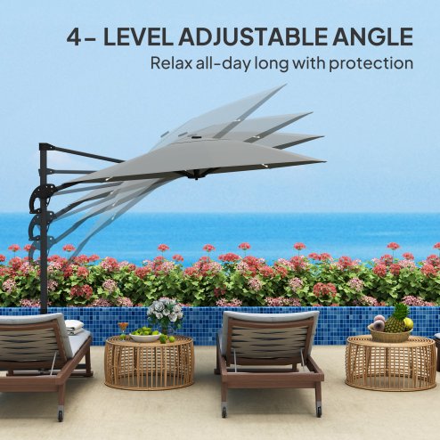 Outsunny 3(m) Cantilever Garden Parasol with Solar Powered Lights, Fibreglass Ribs, Crank Handle & Cross Base, UPF 50+, 360 Rotation, Overhanging Patio Umbrella for Patio Market, Dark Grey