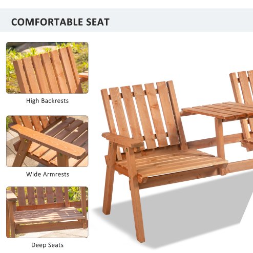 Outsunny 2-Seater Wooden Garden Bench, Antique Loveseat Chair with Table & Parasol Hole, Outdoor Bench for Porch, Patio, Orange