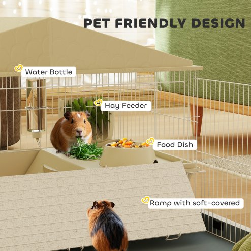 PawHut Guinea Pig Cage with Removable Pet Playpen, Waterproof Pad, Hay Feeder, Water Bottle, Food Dish, Hideaway, Balcony, Soft-Covered Ramp, Wheels, Small Animal Cage for Guinea Pig, Hedgehog