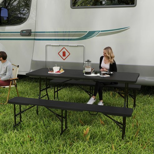 Outsunny Folding Picnic Table and Bench Set, Rattan Effect Portable Camping Table and Chairs with Carrying Handles for Indoor Outdoor, Dining, Camping, Picnic, BBQ, Party, Black Image