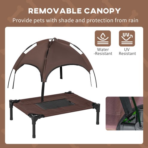 PawHut Raised Dog Bed Waterproof Elevated Pet Cot with Breathable Mesh UV Protection Canopy Brown, for Small Dogs, 61 x 46 x 62cm