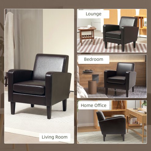 HOMCOM Modern Wingback Living Room Chair, Upholstered PU Leather Accent Armchair,  Single Sofa Chair with Lounge Seat and Wood Legs for Bedroom/Office/Reading Spaces, Brown