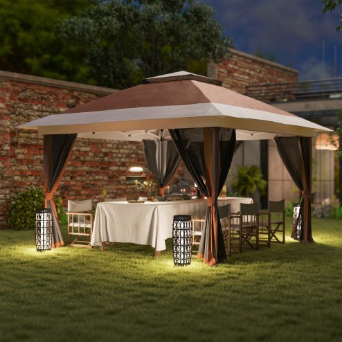 Outsunny 3.6 x 3.6m Pop Up Gazebo with Mesh Sides, UPF50+ Height Adjustable Party Tent Instant Event Shelter with Wheeled Carry Bag and Sand Bags for Garden, Patio, Brown