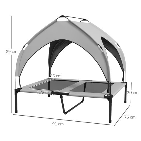 PawHut Cooling Raised Dog Bed, Elevated Pet Bed with Breathable Mesh, UV Protection Canopy, Foot Pads, for Indoor Outdoor, Medium, Large Dogs, 91 x 76 x 89cm - Light Grey