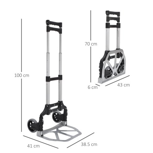 HOMCOM Aluminium Folding Hand Truck Trolley, Heavy Duty Foldable Sack Cart with Adjustable Telescoping Handle, 70KG Load Capacity