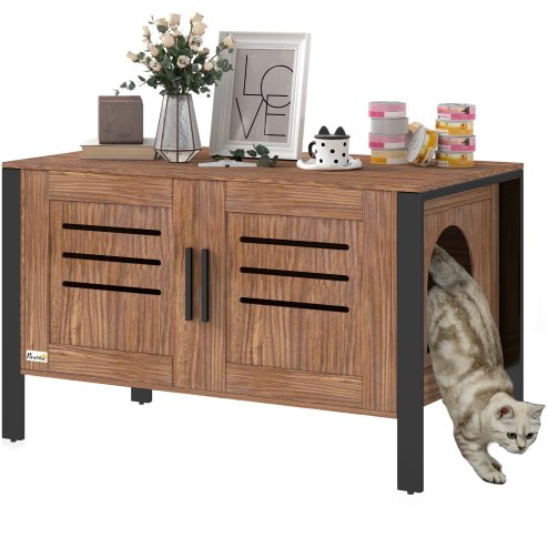 PawHut Cat Litter Box Enclosure, Hidden Litter Box Furniture Washroom with Tall Legs, Scratching Board, Double Doors, Ventilation Holes, Indoor Cat House Side End Table, 80 x 45 x 50 cm, Dark Brown Image