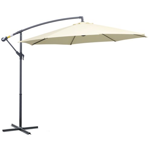 Outsunny 3(m) Garden Cantilever Parasol Patio Banana Hanging Umbrella Sun Shade with Crank and Tilt, 8 Ribs and Cross Base, Beige