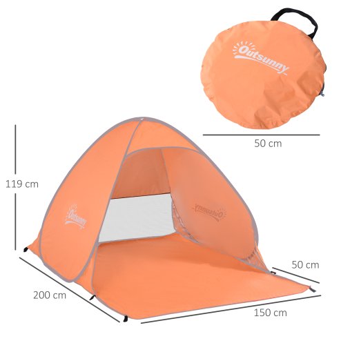 Outsunny Pop up Beach Tent, UV 30+ Portable Sun Shelter with Carry Bag, 2x1.5m for 2-3 Person, Orange