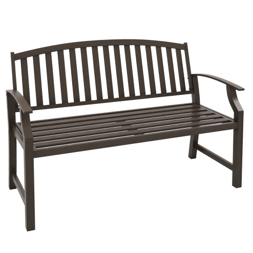 Outsunny Garden Bench, Outdoor Metal Bench with Slatted Seat and Backrest, Curved Armrest, for Conservatory, Garden, Poolside, Deck, Brown