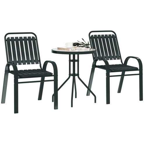 Outsunny 3 Pieces Patio Bistro Set, Garden Furniture Set with Stackable Chairs, Tempered Glass Table, Rust Resistant for Outdoor, Balcony, Patio, Garden, Charcoal Grey