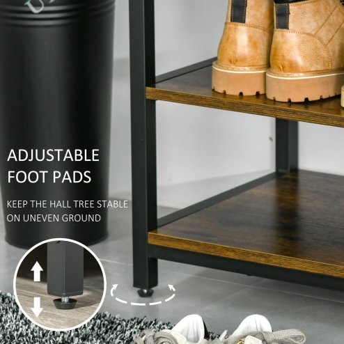 HOMCOM Coat Rack Stand, Free Standing Hall Tree, Coat Stand with Hooks, Bench and Shoe Rack, 100cm x 40cm x 184cm, Industrial Style, Rustic Brown and Black