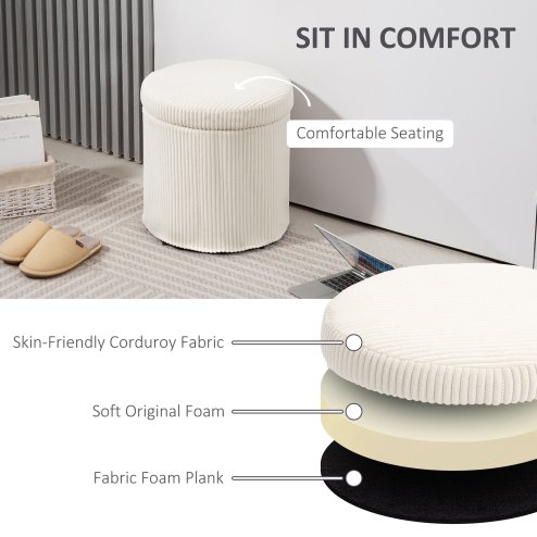 HOMCOM 40cm Round Storage Ottoman, Corduroy Footstool with Removable Lid and Legs, Vanity Stool for Living Room, Bedroom