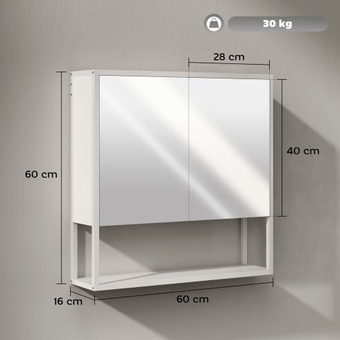 HOMCOM Bathroom Mirror Cabinet Wall Mounted with Soft-Close Doors and Adjustable Shelf, Industrial Bathroom Wall Cabinet with Open Storage, 60 x 16 x 60 cm
