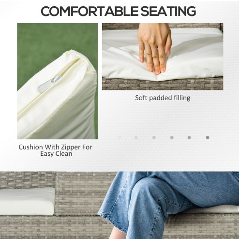 Outsunny 2 Seat Rattan Garden Bench, Patio Wicker Chair with Glass Tea Table, Outdoor Love Seat with Padded Cushions, for Garden, Porch, Mixed Grey/Cream White