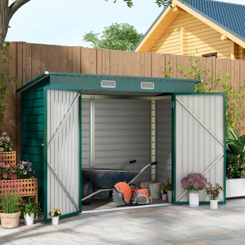 Outsunny 8 x 4FT Garden Shed, Galvanised Metal Shed, Easy to Assemble, Outdoor Tool Storage Shed with Pent Roof, Lockable Door and 2 Vents, Green