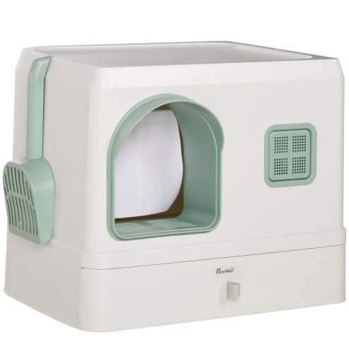 PawHut Cat Litter Box with Drawer Pan, Hooded Cat Litter Tray with Scoop, Deodorants, Front Entrance, 50 x 40 x 40cm - White Image