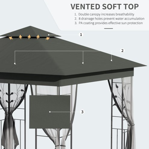 Outsunny 3(m) x 3(m) Garden Gazebo, Double Roof Outdoor Gazebo Canopy Shelter with Netting, Solid Steel Frame, for Garden, Lawn and Deck, Grey