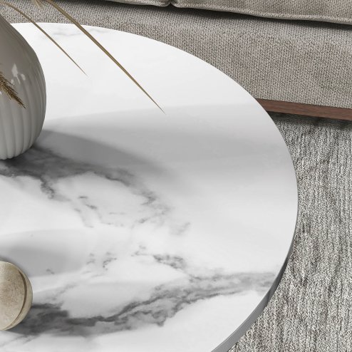 HOMCOM Round Coffee Table Set of 2, Marble-Effect Side Tables with Storage Open Shelf and Steel Frame for Living Room, Bedroom, Gold Tone