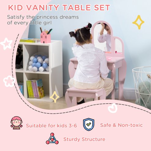 HOMCOM Kids Dressing Table and Stool Kids Vanity Set Makeup Desk w/ Mirror, Drawer, for Ages 3-6 Years - Pink