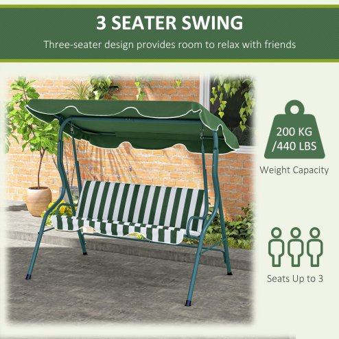 Outsunny 3 Seater Canopy Swing Chair Outdoor Garden Bench with Adjustable Canopy and Metal Frame - Green Stripes