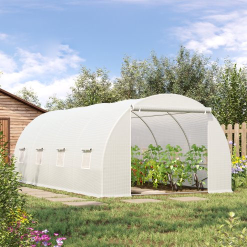Outsunny 6 x 3 x 2 m Polytunnel Greenhouse with Metal Frame, Zippered Door and 8 Windows, Walk in Polytunnel Tent for Garden and Backyard, White