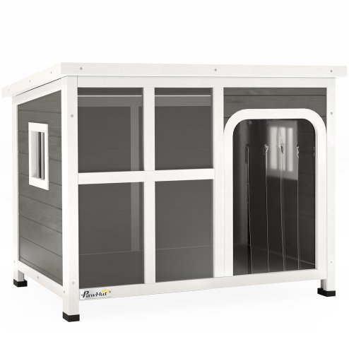 PawHut Outdoor Dog Kennel, Wooden Dog House Shelter with Asphalt Openable Top, Removable Floor, Clear Front Panel, Curtain, Windows, for Small, Medium Puppies, 90 x 62 x 71cm, Light Grey