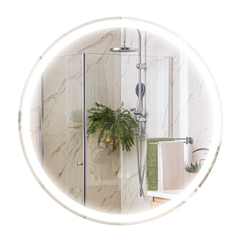 kleankin Round Bathroom Mirror with LED Lights, Wall Mount Dimmable Makeup Mirror with 3 Temperature Colours, Defogging Film and Memory Function, Frameless, Hardwired