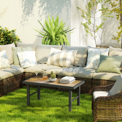 Outsunny Metal Garden Coffee Table, Outdoor Side Table with SPC Woodgrain Tabletop for Outside, Garden, Balcony, Porch, 100 x 53 x 46cm, Brown Wood Effect