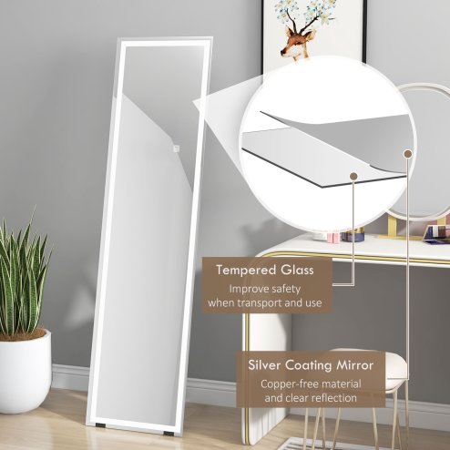 HOMCOM Full Length Mirror with LED Lights, 150x40cm Floor Mirror, Free Standing, Wall Mounted or Leaning, Full Size Body Mirror with Dimmable and 3 Colour Lighting for Bedroom, 32W, White