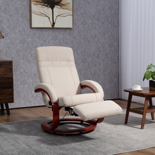 HOMCOM Swivel Recliner Chair with Footstool and Wood Base, Manual Reclining Chair for Living Room, Bedroom, Beige Image