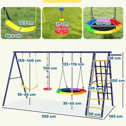 AIYAPLAY 6 in 1 Kids Swing Set, Metal Swing with 3 Swings, Basketball Hoop, Climbing Ladder and Net, Heavy Duty A-Frame Garden Swing Kids Outdoor Children Playground for Ages 3-8