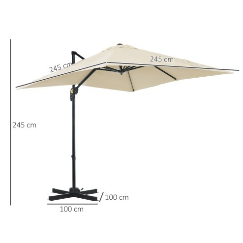 Outsunny 2.5 x 2.5m Patio Offset Parasol Umbrella Cantilever Hanging Aluminium Sun Shade Canopy Shelter 360 Rotation with Crank Handle and Cross Base, Cream White