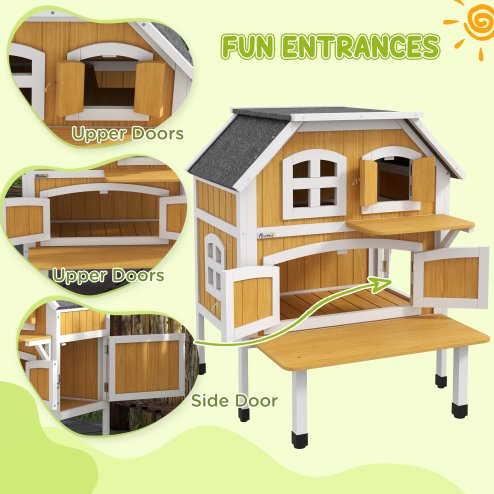 PawHut Wooden Outdoor Cat House, 2 Tiers Cat Shelter with Openable Asphalt Roof, Removable Panel, Escape Doors, Jumping Platform, Terrace, for 1-2 Cats - Yellow