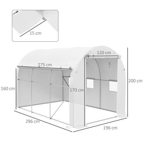 Outsunny 3 x 2 m Polytunnel Greenhouse with Zipped Roll-up Door and Mesh Windows, Walk-in Greenhouse with PE Cover and Galvanised Steel Frame, White