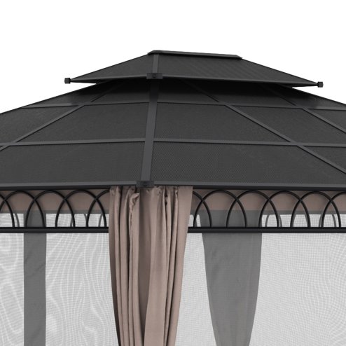 Outsunny 3.6 x 3 (m) Outdoor Polycarbonate Gazebo, Double Roof Hard Top Gazebo with Galvanised Steel Frame, Nettings & Curtains for Garden, Lawn, Patio and Deck