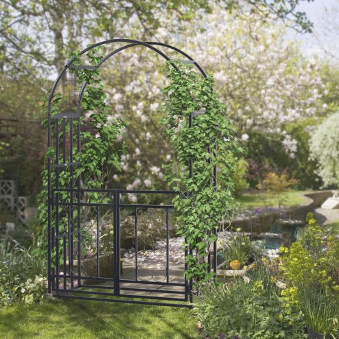 Outsunny Outdoor Garden Arch with Double Gates, Metal Garden Arbor for Climbing Plants, Roses, Vines, Wedding Arch for Outdoor, 114L x 50W x 206H cm, Dark Grey