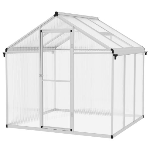 Outsunny 6 x 6ft Polycarbonate Greenhouse with Rain Gutters, Large Walk-In Green House with Door and Window, Garden Plants Grow House with Aluminium Frame and Foundation
