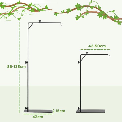 PawHut Reptile Lamp Stand, Adjustable Height and Width Heat Lamp for Reptile Amphibian Terrariums, Light Stand with Hook Hanging Steel Base, 86-129Hcm, 42-50Wcm - Black