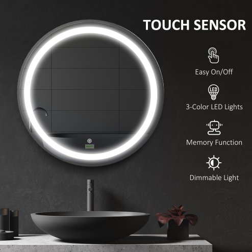kleankin Round LED Bathroom Mirror, Dimmable Lighted Wall-Mounted Mirror with 3 Temperature Colours, Memory Function, Hardwired, Black
