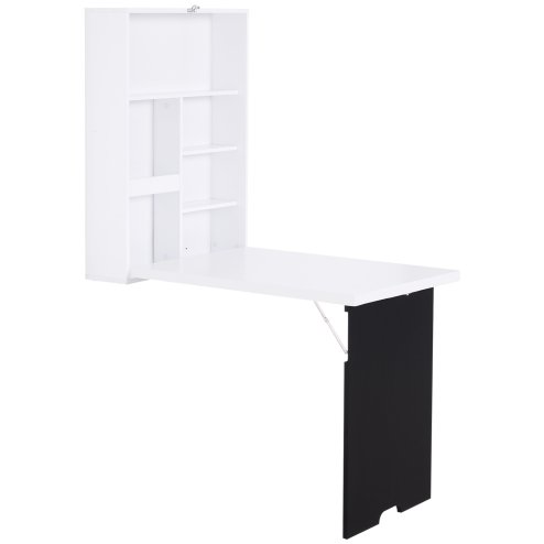 HOMCOM Folding Wall-Mounted Drop-Leaf Table, Convertible Wall Table With Chalkboard and Storage Shelf, Multifunctional Floating Desk for Home Office