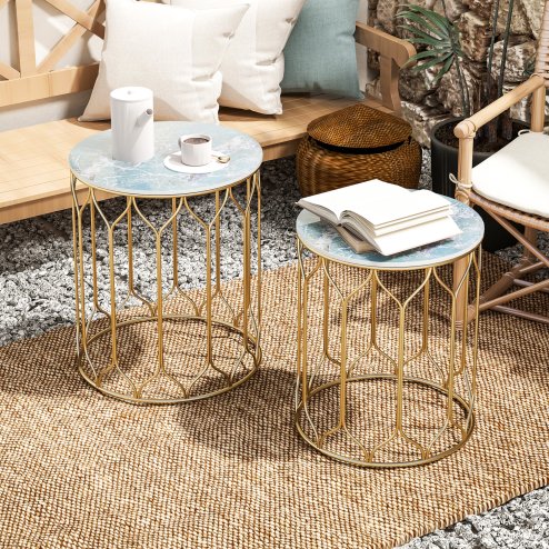 Outsunny Garden Side Table Set of 2, Nesting Tables with Ceramic Tile Top, Indoor Outdoor Small Garden Tables, Multifunctional End Tables with Metal Frame for Patio, Balcony, Porch, Multicoloured