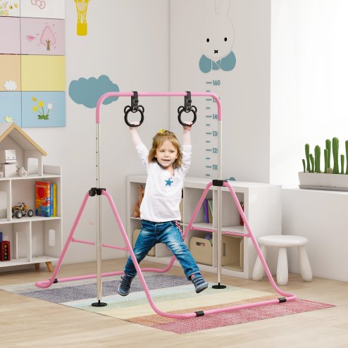 HOMCOM Kids Gymnastics Bar, Horizontal Bar for Kids, Adjustable Height Folding Gymnastics Equipment with Gymnastic Rings, Non-slip Rubber Floor Rings, for Home, Flat, Pink