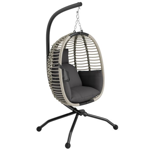 Outsunny Outdoor Swing Chair with Thick Padded Cushion, Patio Hanging Egg Chair with Metal Stand, Foldable Basket, Cup Holder, Rope Structure for Indoor & Outdoor, Dark Grey Image