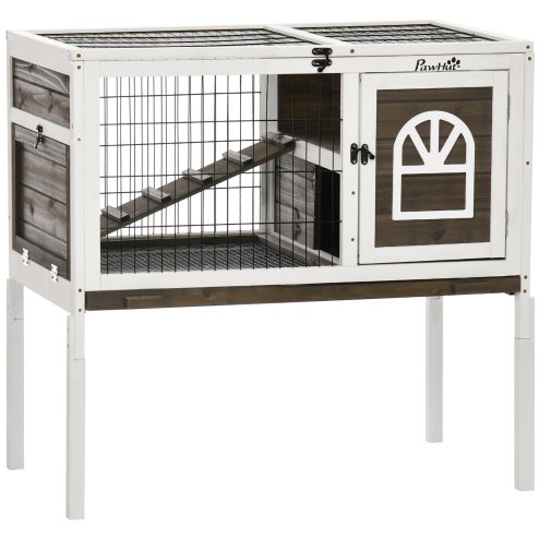PawHut Wooden Rabbit Hutch, Elevated Guinea Pig Cage w/ Openable Roof, Ladder, Removable Tray, 90 x 53 x 87cm - Brown