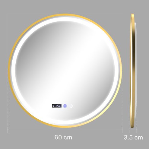 HOMCOM 600mm Round Bathroom Mirror with LED Lights, Wall Mounted Backlit Illuminated Bathroom Mirror with Demister, 3 Colours Dimmable, Memory Function, Touch Switch, Time and Temp Display, Gold Tone