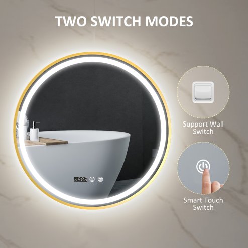 HOMCOM 600mm Round Bathroom Mirror with LED Lights, Wall Mounted Backlit Illuminated Bathroom Mirror with Demister, 3 Colours Dimmable, Memory Function, Touch Switch, Time and Temp Display, Gold Tone