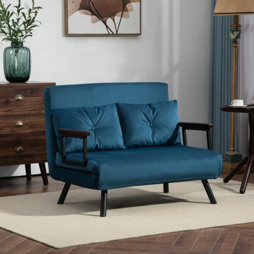 HOMCOM 2 Seater Sofa Bed, Click Clack Convertible Bed Settee, Modern Velvet Feel Fabric Sofa Couch with 2 Tufted Cushions, Wood Armrests for Living Room, Bedroom, Guest Room, Navy Blue Image