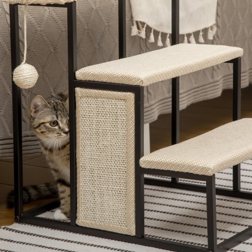 PawHut 3 Steps Dog Stairs, Pet Steps for Cat for Sofa and Bed with Sisal Scratching Board, Hanging Toy Ball, 47 x 45 x 47cm - Cream White
