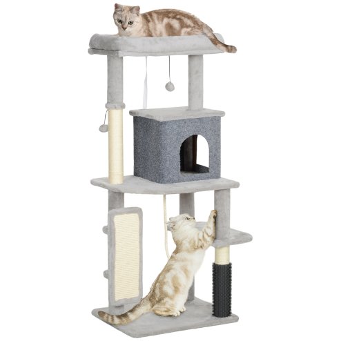 PawHut Cat Tree for Indoor Cats, 132cm Cat Tower with Scratching Posts and Pad, Cat Bed, Cat House, Jumping Platform, Grooming Brush, Toy Balls, Anti-Tip Kit, Cat Climbing Frame, Light Grey
