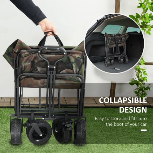 Outsunny 100KG Festival Trolley on Wheels, Folding Camping Trolley Cart with Telescopic Handle, Carry Bag and All-Terrain Big Wheels, for Garden Beach Fishing, Camouflage